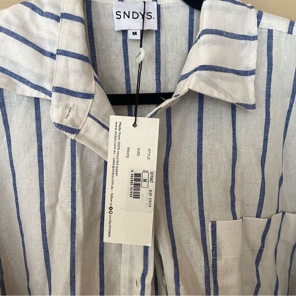 SNDYS Revolve Isla Shirt white Blue Stripe blouse quiet luxury Resort NWT M - Picture 7 of 10